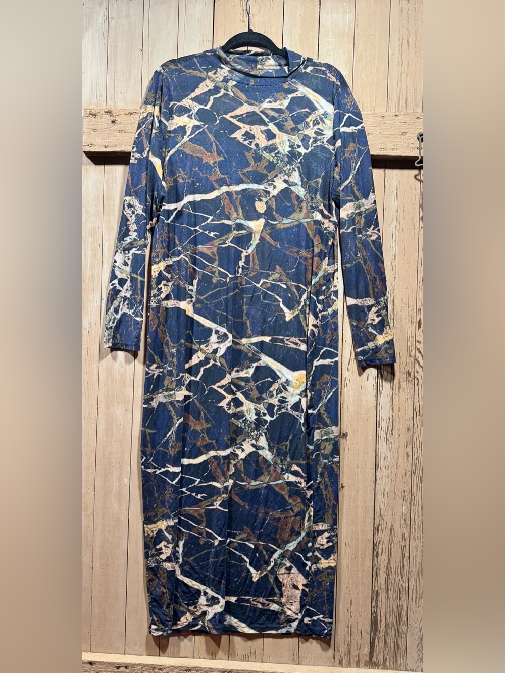 Eloquii Navy Marble-Print Sheer Long Sleeve Maxi Dress